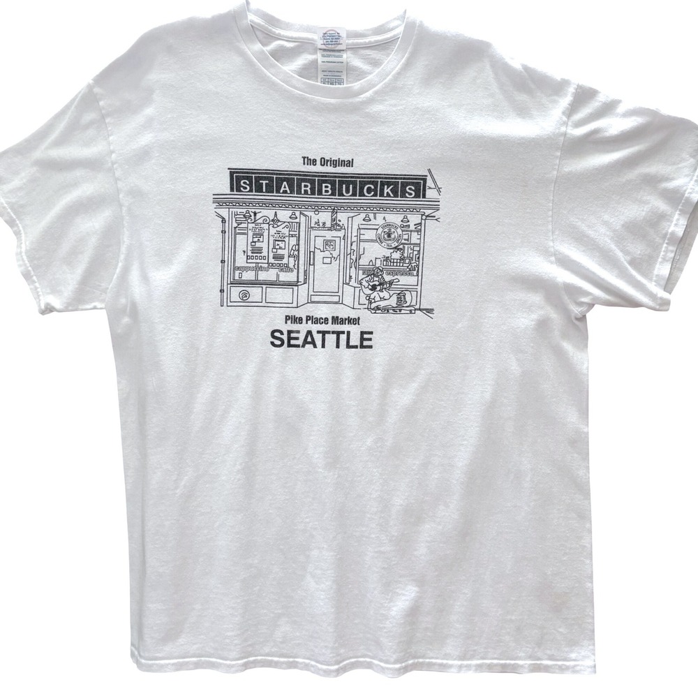Starbucks White Short Sleeve Tee with Black Seattle Pike Place Graphic